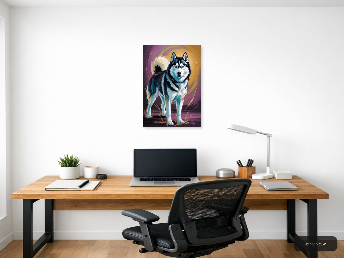 Abstract Husky Portrait with Vibrant Blue & Gold Wall Art — A2 / Office