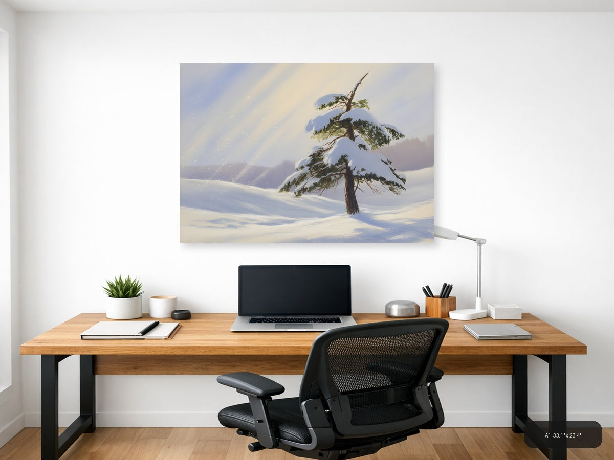 Snowy Pine Tree Winter Landscape Watercolor Wall Art — A1 / Office