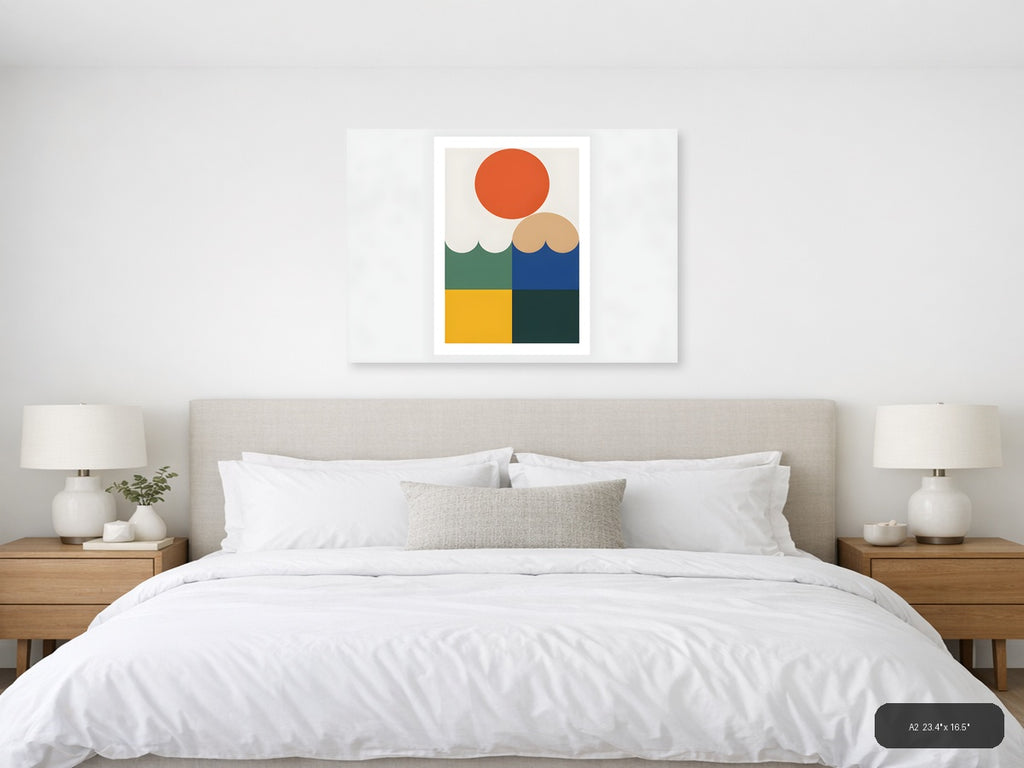 Minimalist Geometric Landscape with Sun and Water Wall Art — A2 / Bedroom