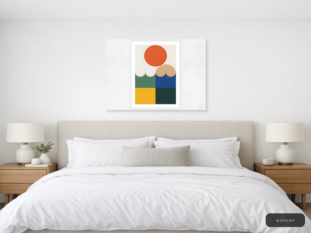 Minimalist Geometric Landscape with Sun and Water Wall Art — A2 / Bedroom