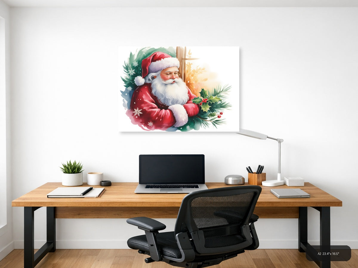 Santa Claus with Holly & Snowflakes Watercolor Wall Art — A2 / Office