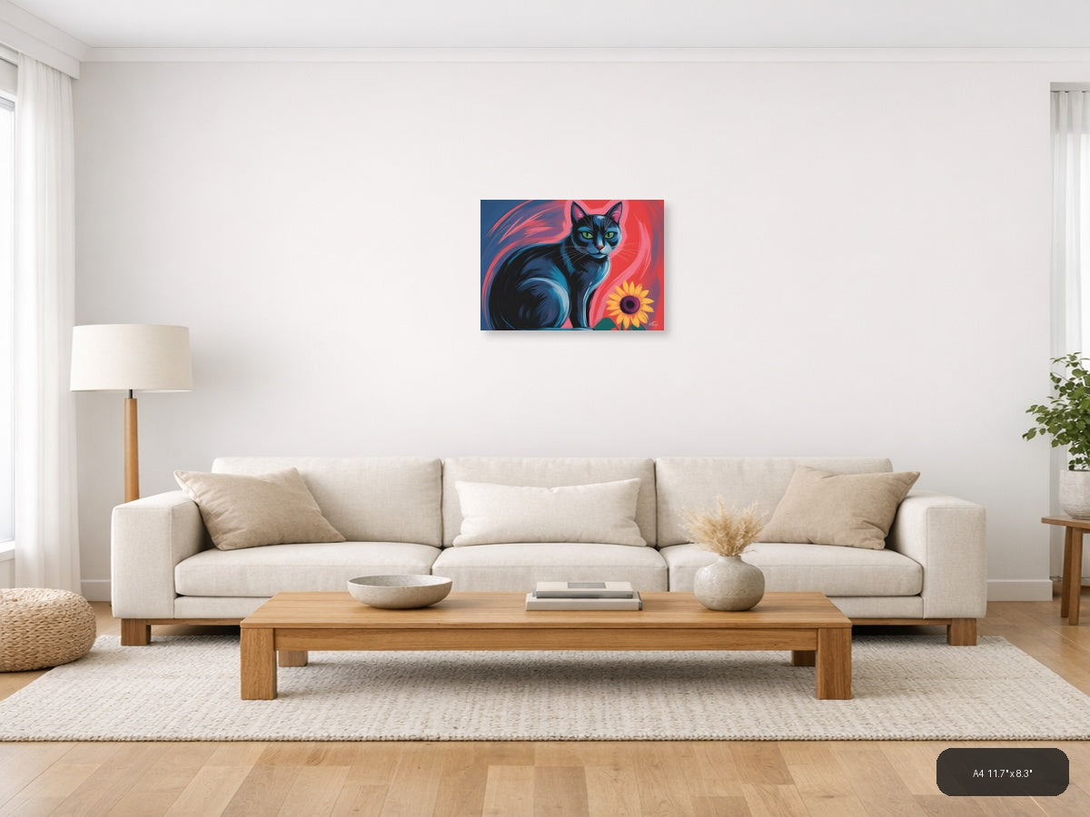 Blue Cat with Sunflower Abstract Pop Art Wall Art — A4 / Living Room