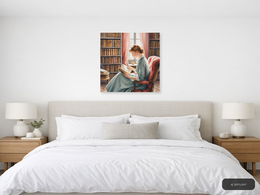 Woman Reading in Library Watercolor Wall Art — A2 / Bedroom