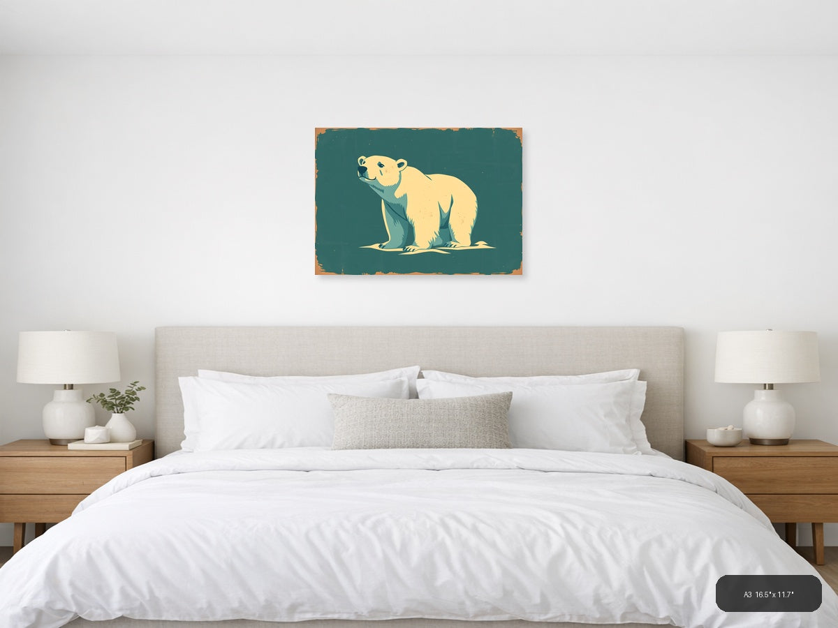Vintage Polar Bear Illustration Teal Wall Art — A3 / Bedroom