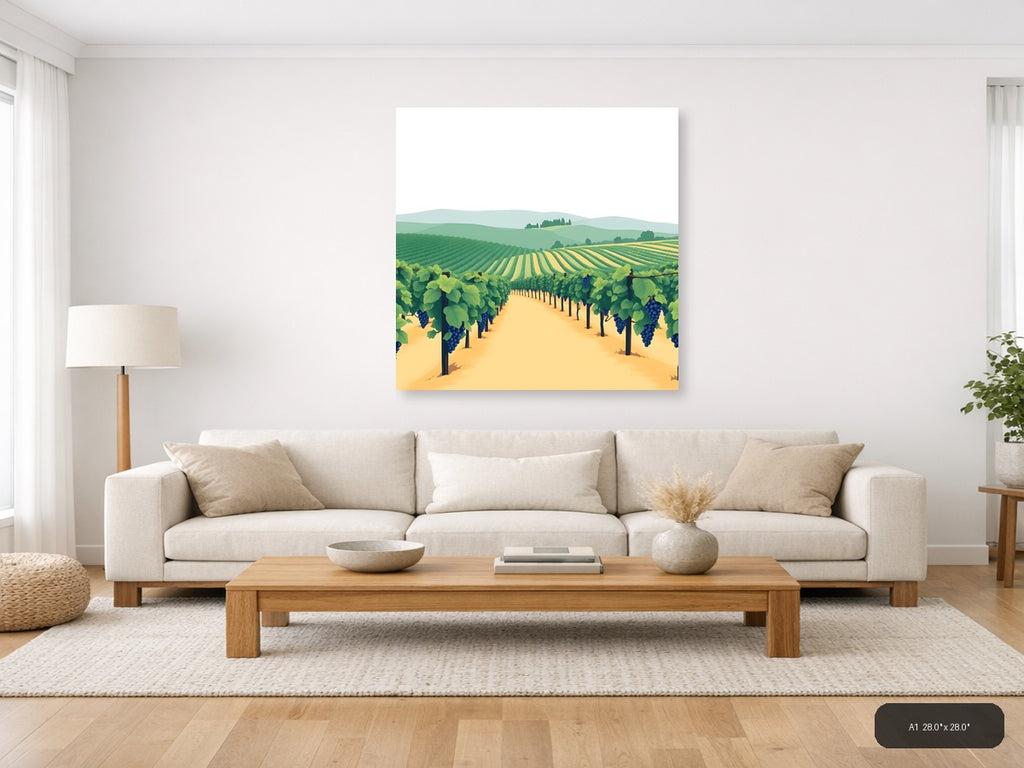 Minimalist Vineyard Landscape with Blue Grapes Wall Art — A1 / Living Room