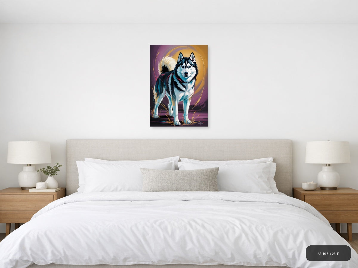 Abstract Husky Portrait with Vibrant Blue & Gold Wall Art — A2 / Bedroom
