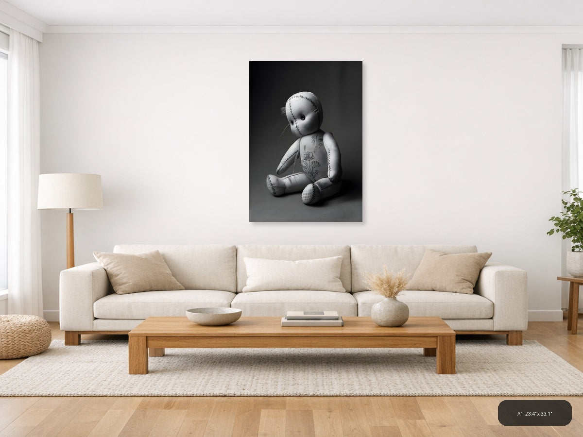 Stitched Voodoo Doll Monochrome Photography Wall Art — A1 / Living Room