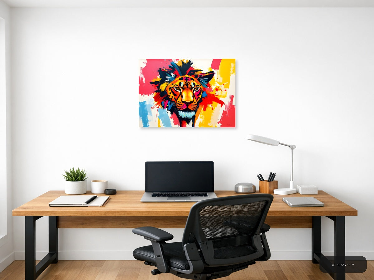 Colorful Abstract Lion Head Splash Wall Art — A3 / Office