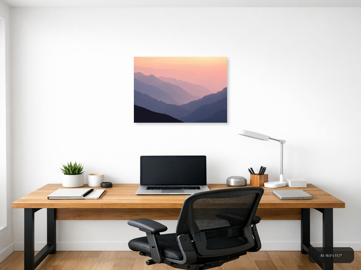 Minimalist Mountain Valley Sunset Pink Sky Wall Art — A3 / Office