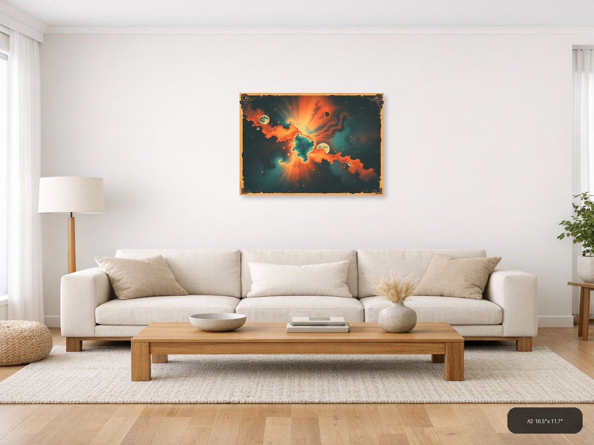 Vintage Cosmic Nebula with Planets - Orange Teal Wall Art — A3 / Living Room