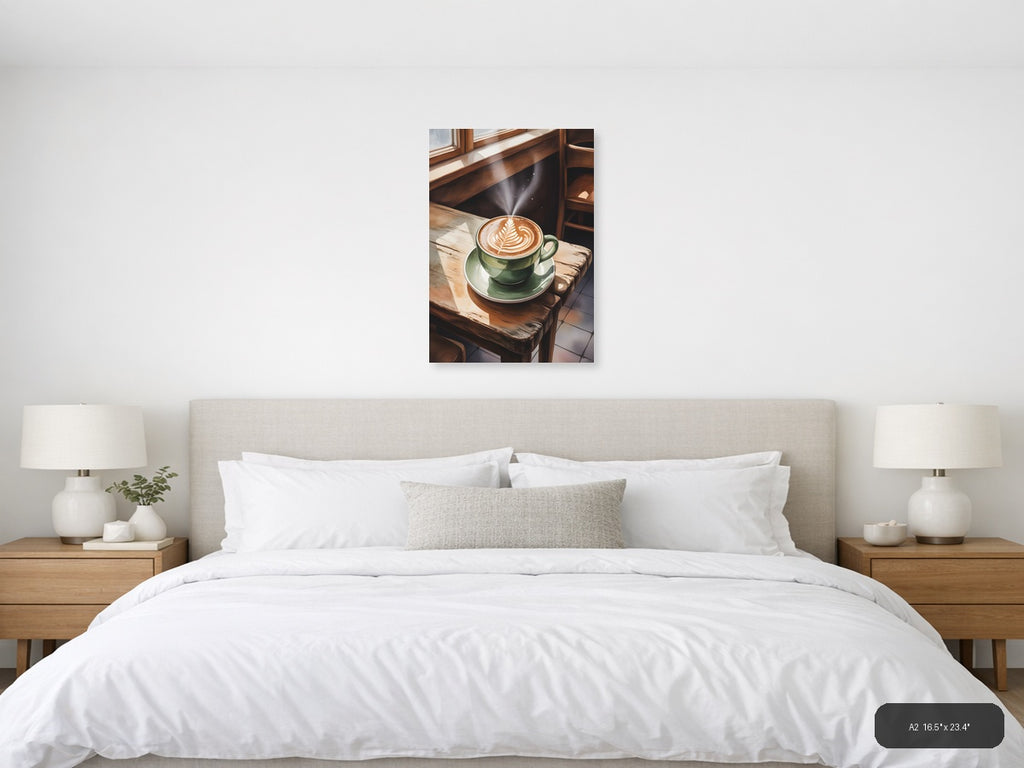 Green Coffee Cup Latte Art Watercolor Wall Art — A2 / Bedroom