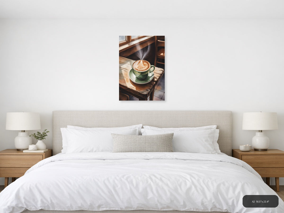 Green Coffee Cup Latte Art Watercolor Wall Art — A2 / Bedroom