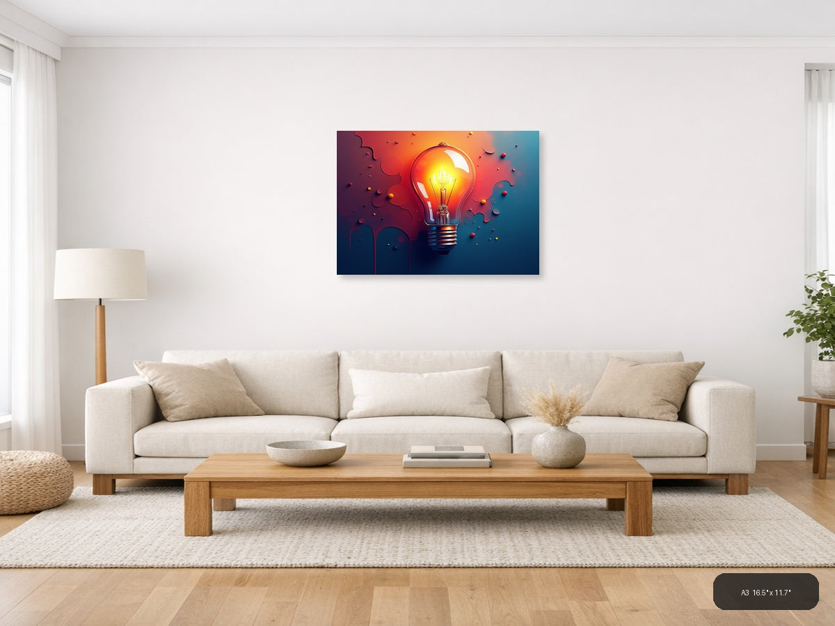 Glowing Lightbulb Abstract | Red Orange Blue Gradient Canvas Wall Art — A3 (Living Room)