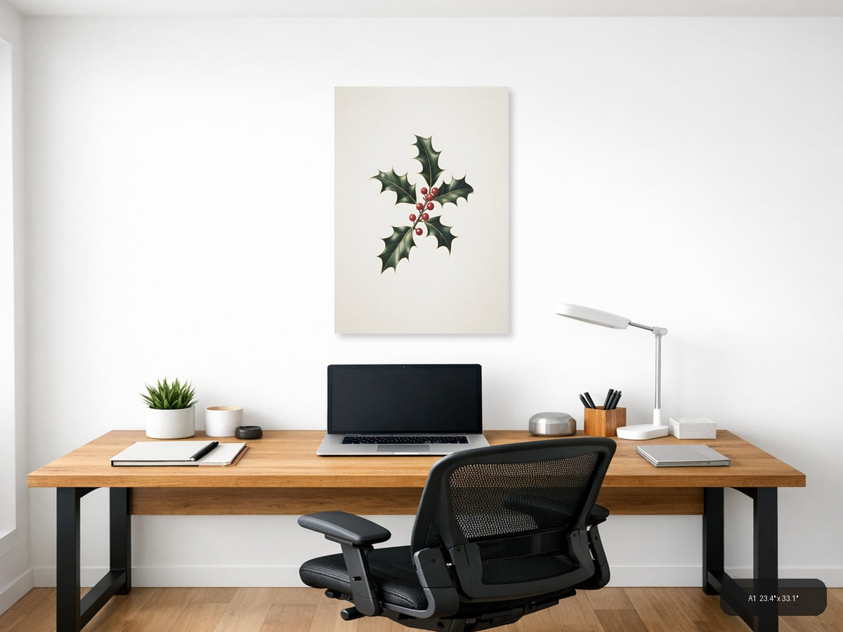 Holly Leaves Red Berries Minimalist Portrait Wall Art — A1 / Office