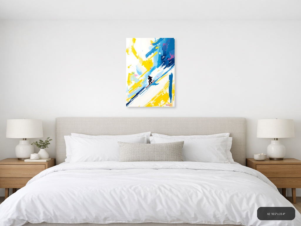 Abstract Skier in Blue & Yellow Strokes Wall Art — A2 / Bedroom