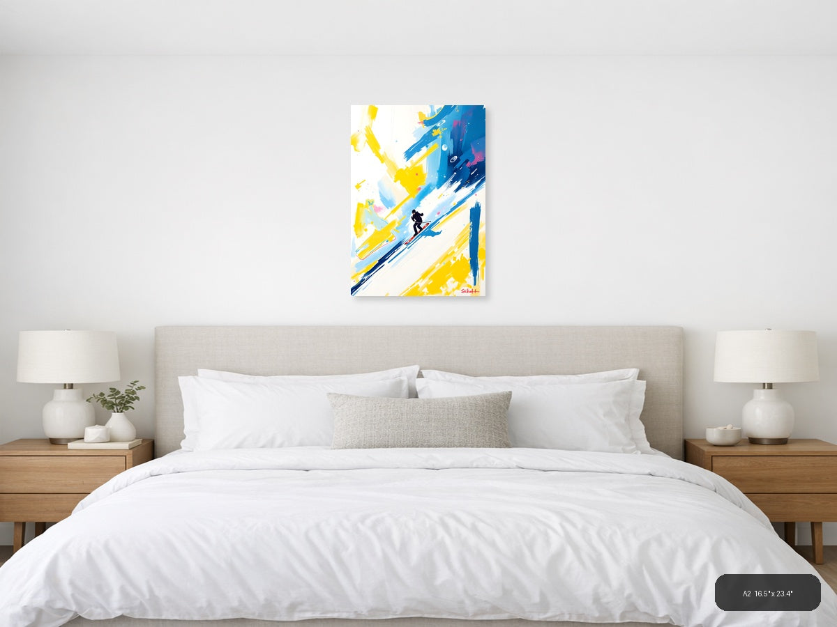 Abstract Skier in Blue & Yellow Strokes Wall Art — A2 / Bedroom