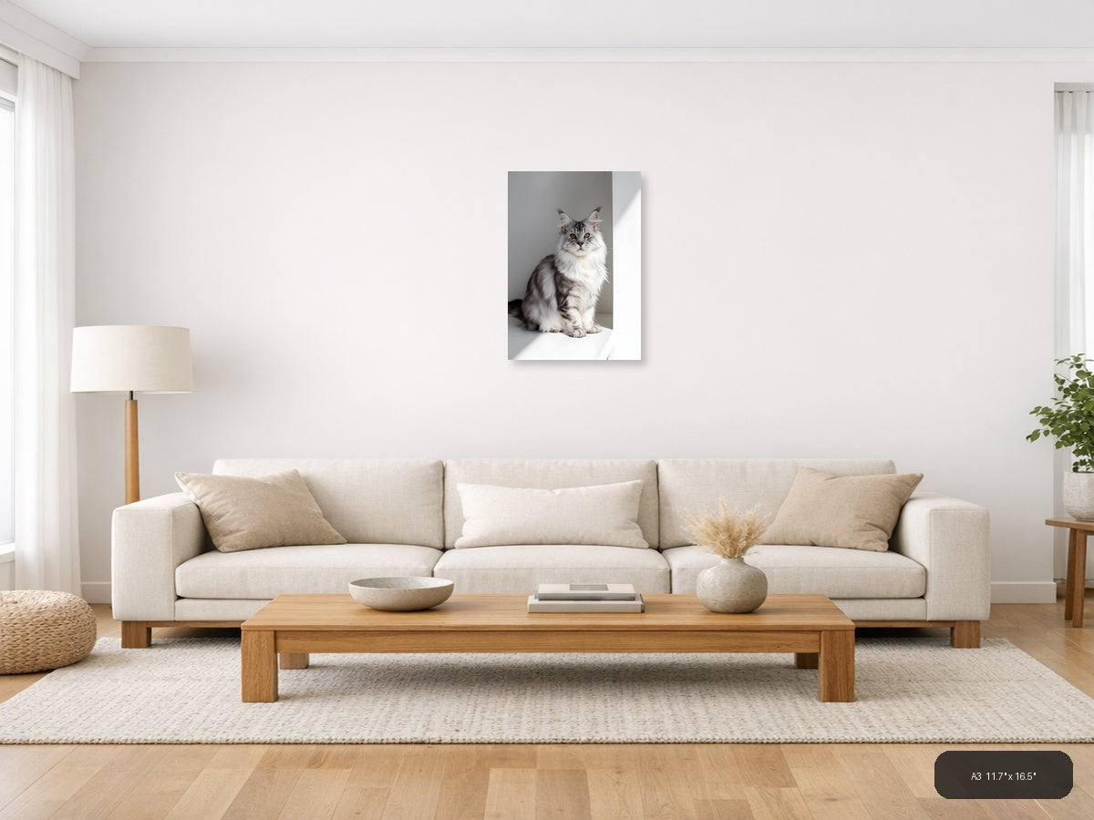 Gray Tabby Cat with Golden Eyes Minimalist Wall Art — A3 / Living Room