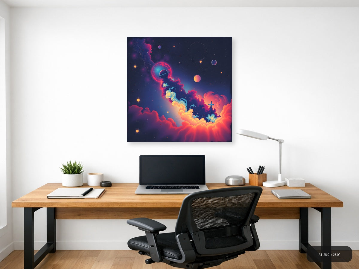 Vintage Cosmic Space Scene with Planet & Cross Wall Art — A1 / Office