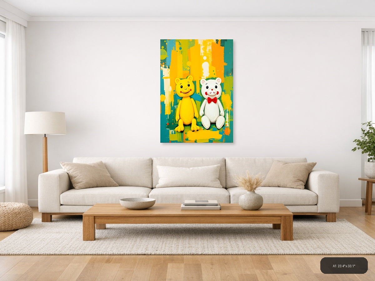 Two Happy Bears Abstract Colorful Portrait Wall Art — A1 / Living Room