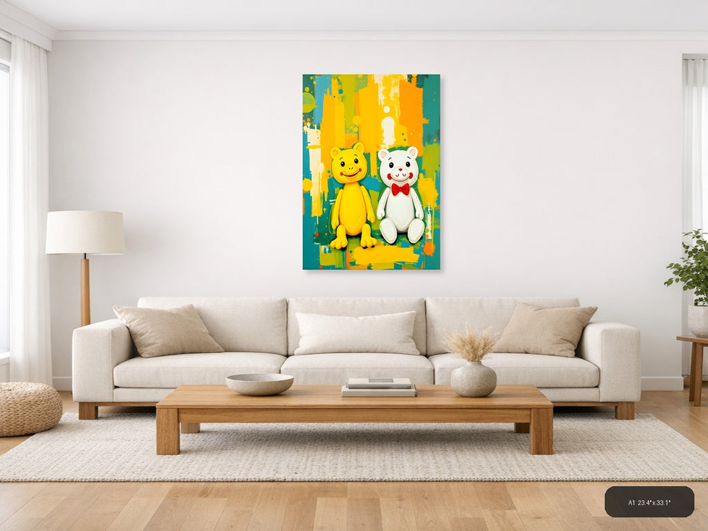 Yellow & White Smiling Bears Abstract Colorful Wall Art — A1 / Living Room