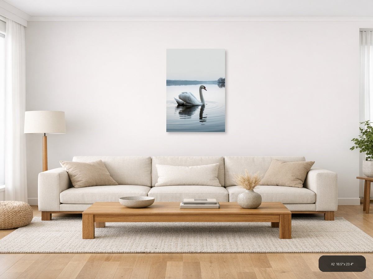 Minimalist White Swan Reflection Lake Wall Art — A2 / Living Room