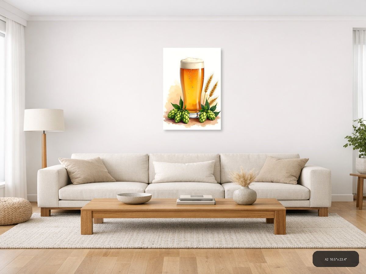 Beer Glass with Hops and Wheat Watercolor Wall Art — A2 / Living Room