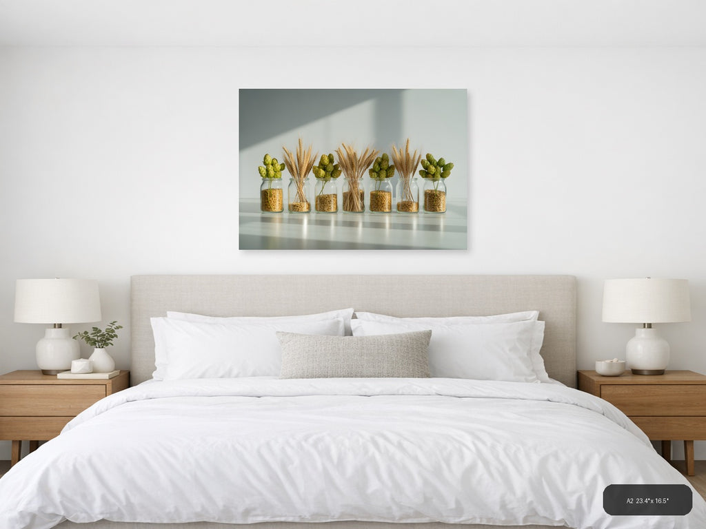 Minimalist Wheat & Hops Jars Still Life Wall Art — A2 / Bedroom