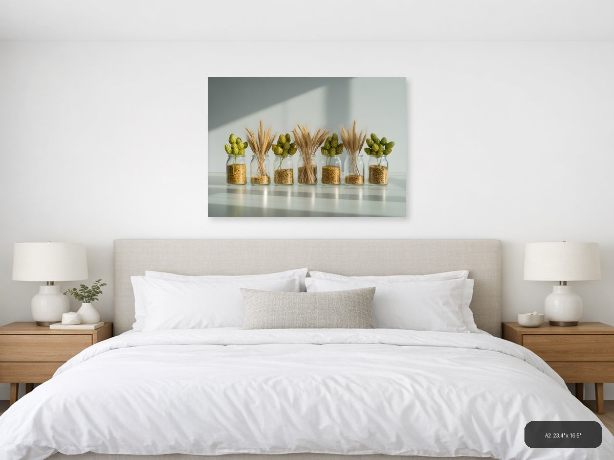 Minimalist Wheat & Hops Jars Still Life Wall Art — A2 / Bedroom
