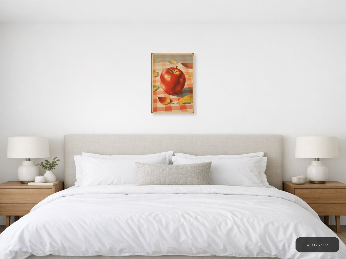 Red Apple with Autumn Leaves Vintage Checkered Wall Art — A3 / Bedroom