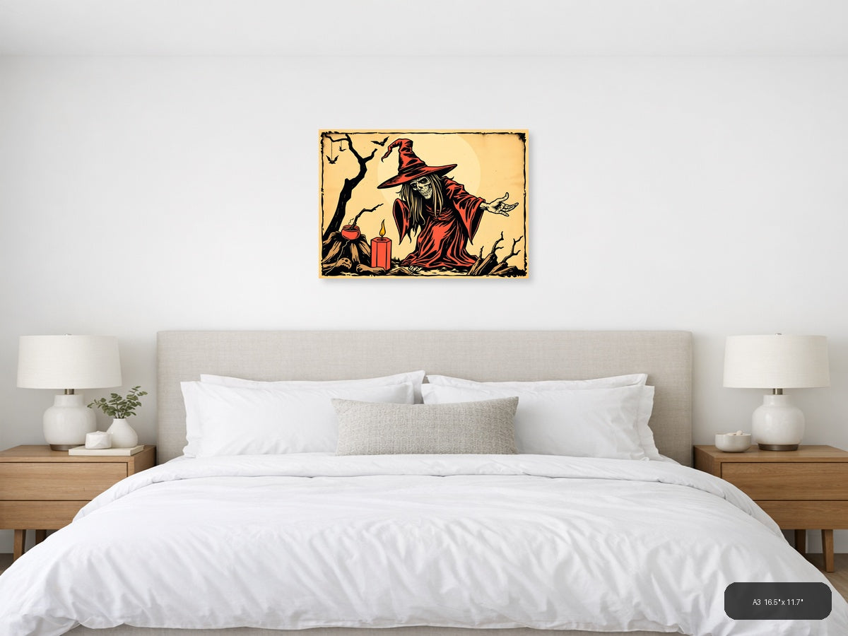 Vintage Witch in Red Robe Halloween Wall Art — A3 / Bedroom