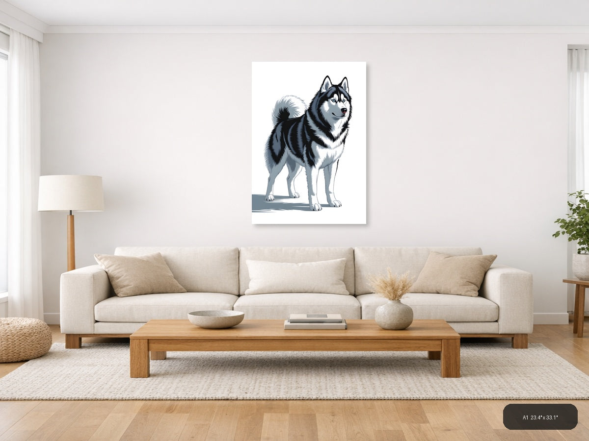 Husky Portrait Black White Minimalist Wall Art — A1 / Living Room