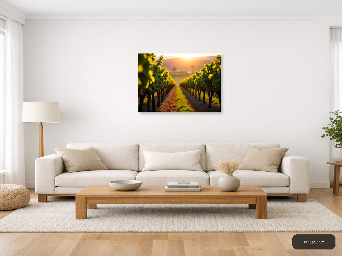 Golden Sunset Vineyard Rows Photography Wall Art — A3 / Living Room