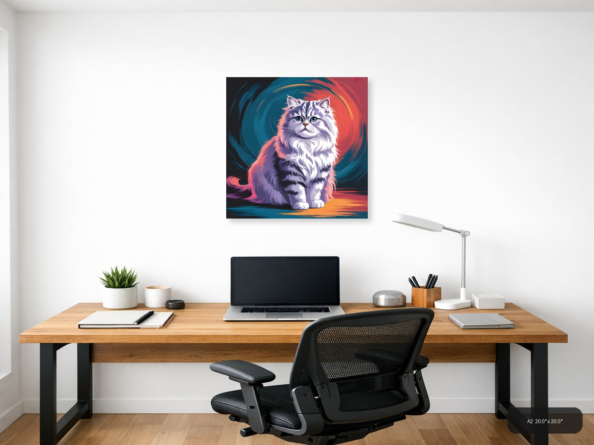 Fluffy Cat Abstract Portrait with Neon Colors Wall Art — A2 / Office