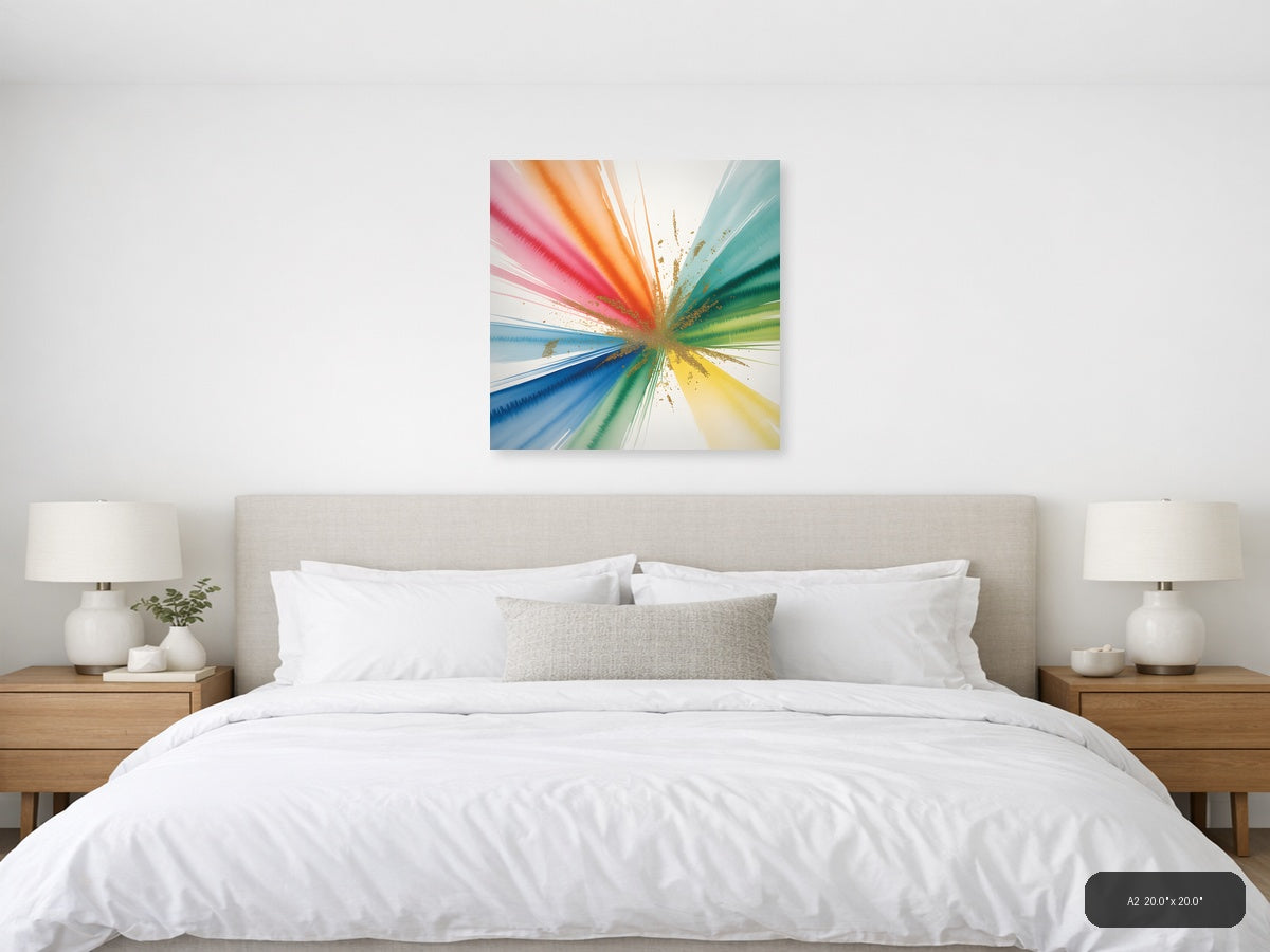 Rainbow Watercolor Burst with Gold Splatter Wall Art — A2 / Bedroom
