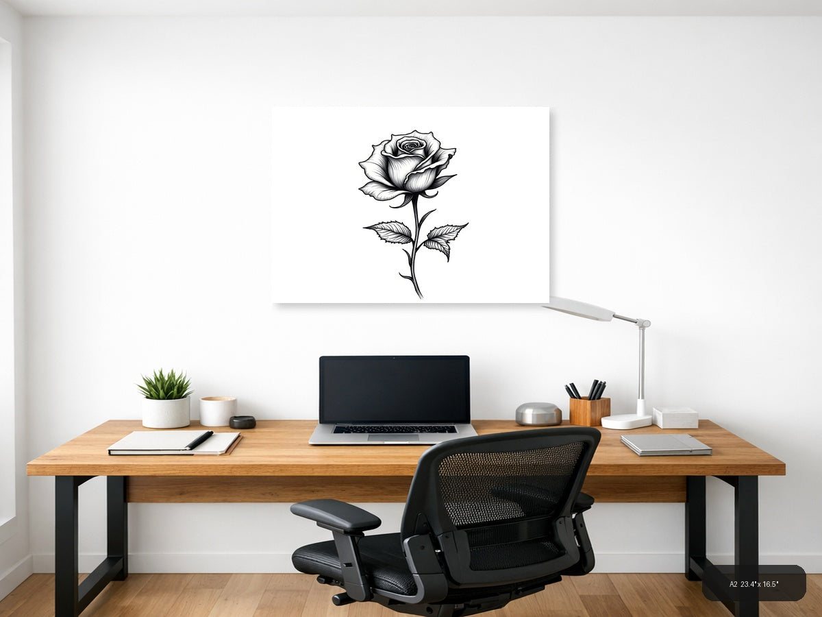 Black Rose Line Art Botanical Sketch Wall Art — A2 / Office