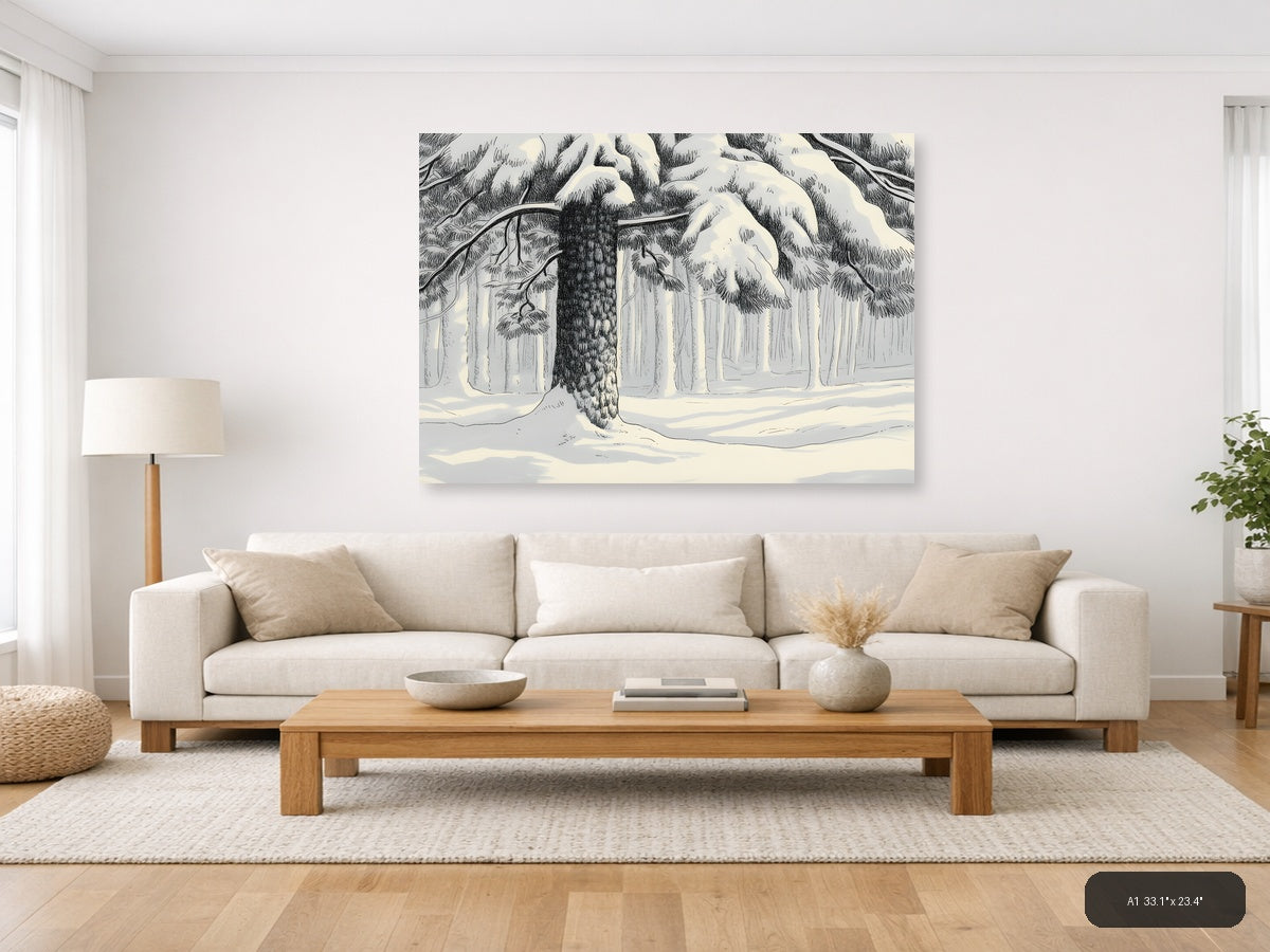 Winter Forest Snow Line Art Landscape Wall Art — A1 / Living Room