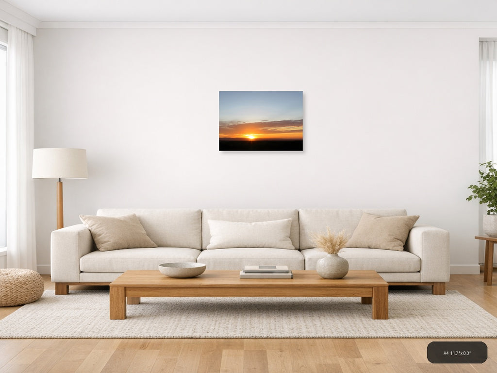 Minimalist Golden Sunset Over Dark Horizon Wall Art — A4 / Living Room