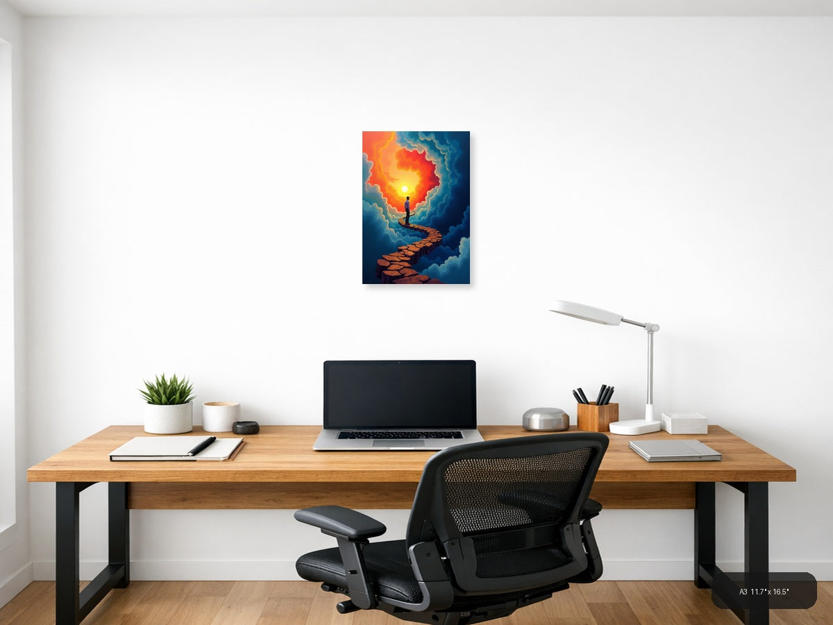 Man on Stone Path to Sunset Cloud Portal Wall Art — A3 / Office