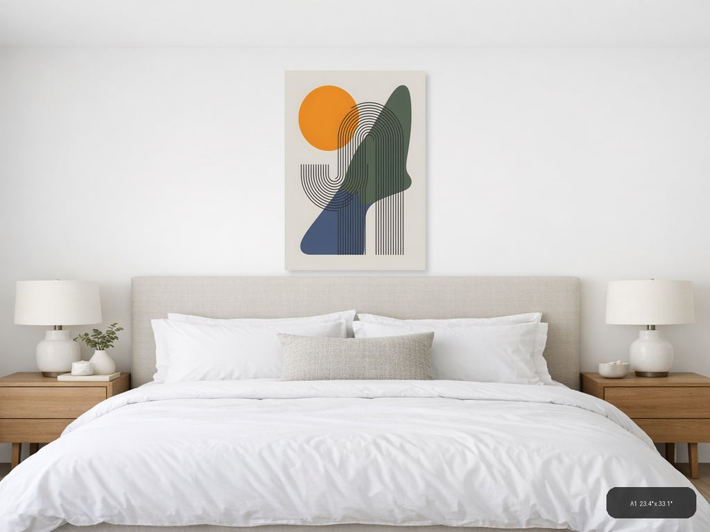 Abstract Line Art Portrait with Orange Sun Wall Art — A1 / Bedroom