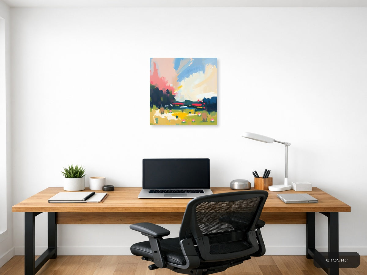 Abstract Landscape with Pink Sky & Green Fields Wall Art — A3 / Office