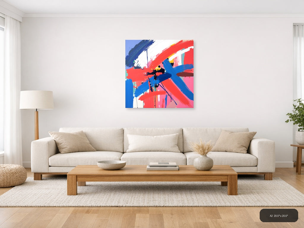 Bold Abstract Brushstrokes in Red & Blue Wall Art — A2 / Living Room
