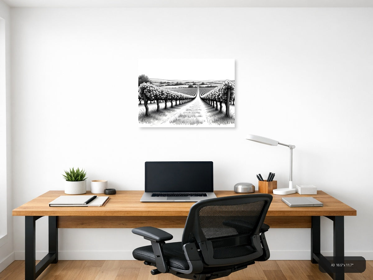Vineyard Perspective Line Art - Landscape Wall Art — A3 / Office