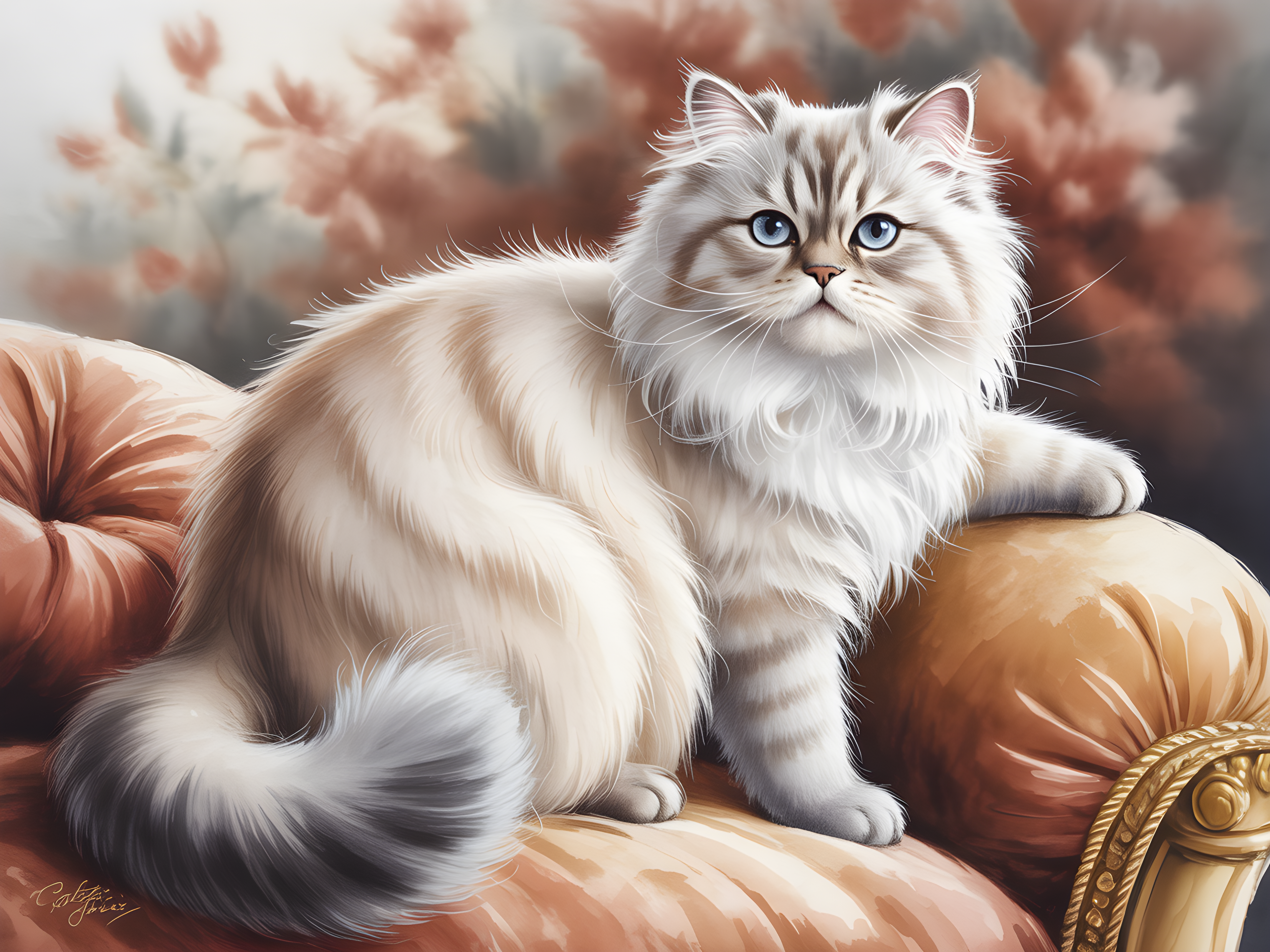 Fluffy White Cat on Red Cushion Watercolor Wall Art