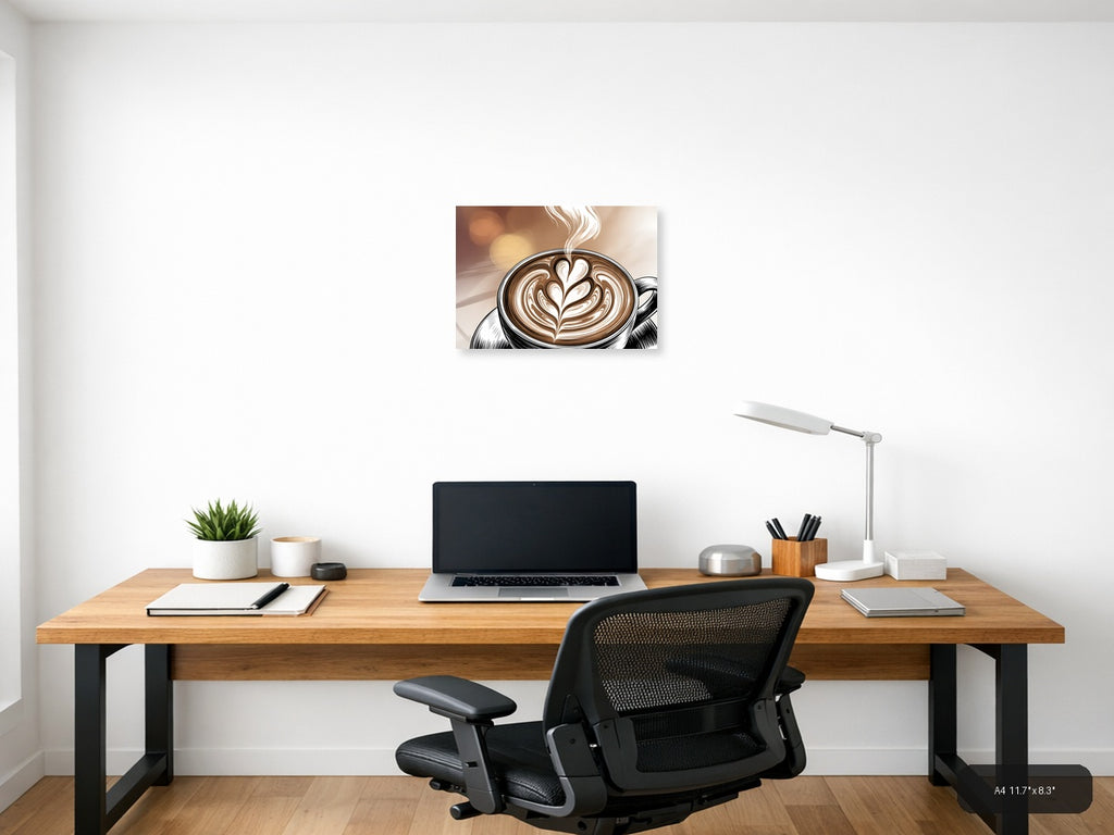 Latte Art Line Art - Coffee Cup with Heart Design Wall Art — A4 / Office