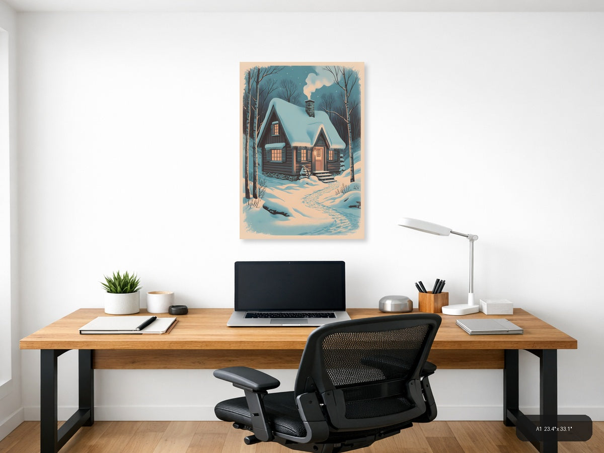 Cozy Winter Cabin in Snow Forest - Vintage Wall Art — A1 / Office