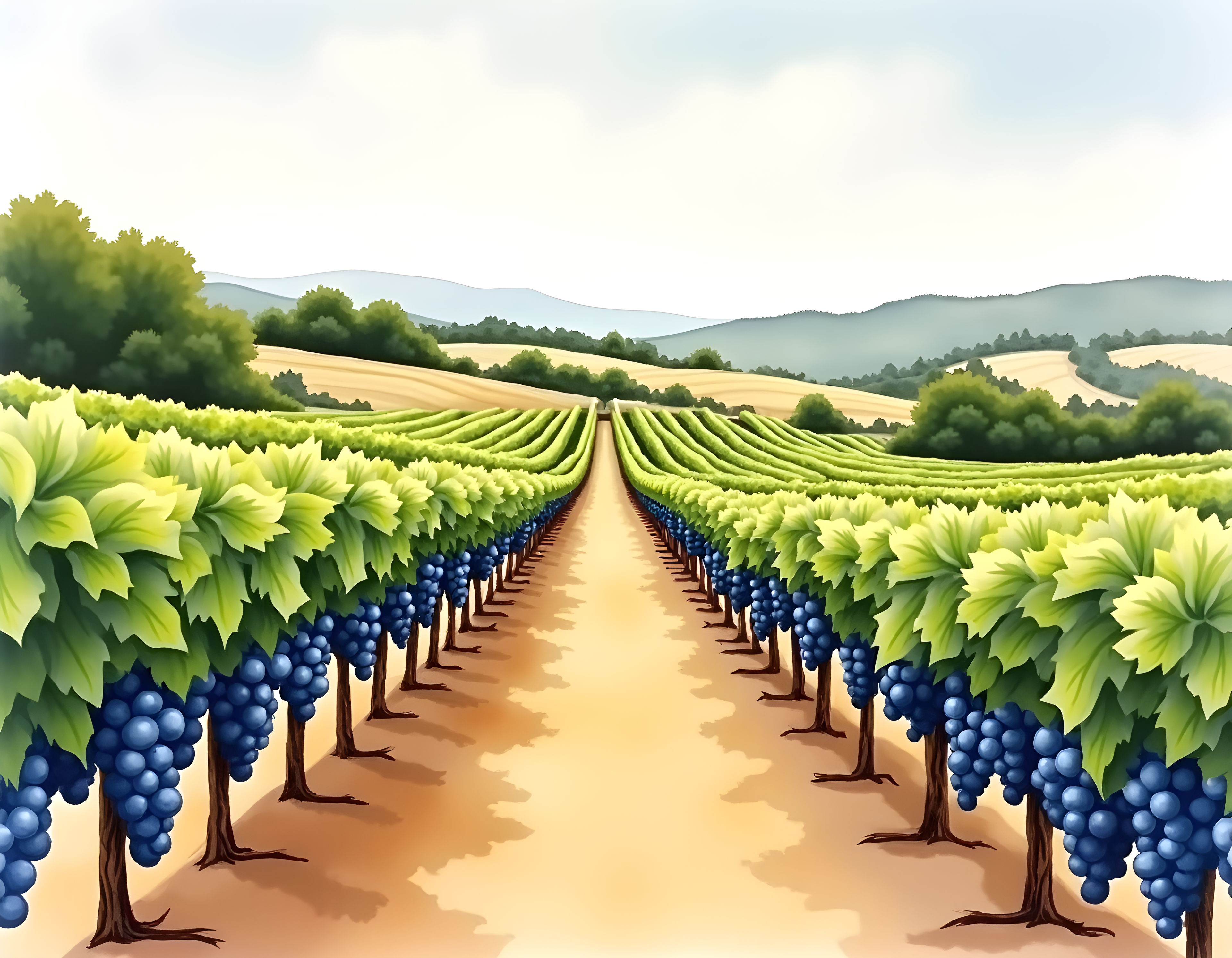 Vineyard Landscape Watercolor Wall Art