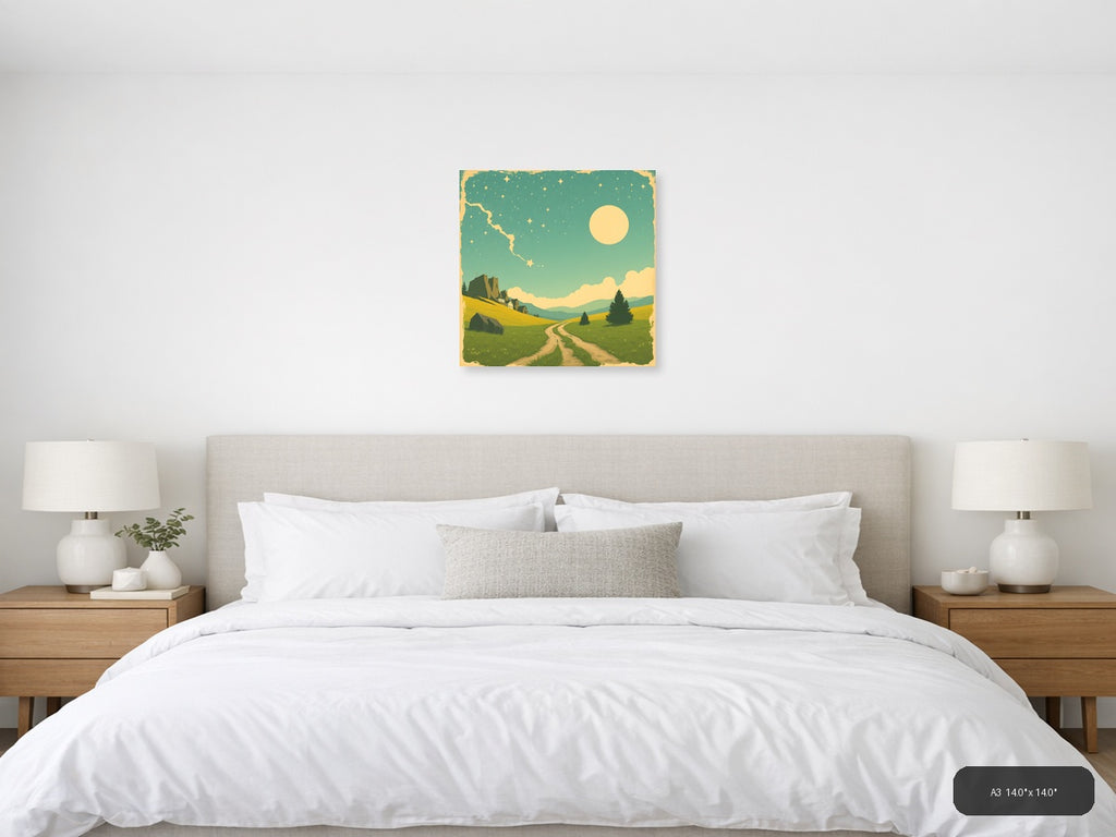 Vintage Countryside Castle Landscape Moon Stars Wall Art — A3 / Bedroom