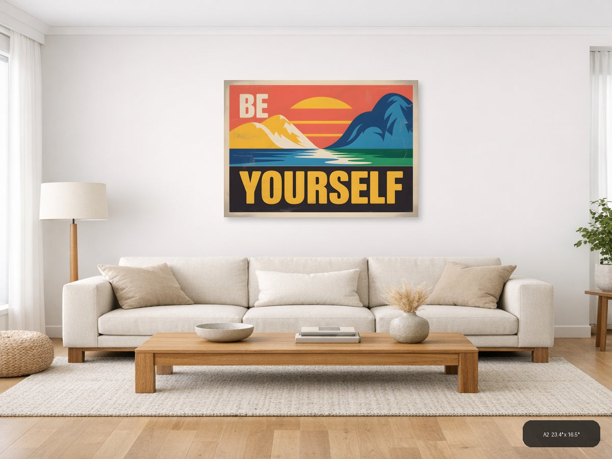 Be Yourself Vintage Retro Mountain Landscape Wall Art — A2 / Living Room