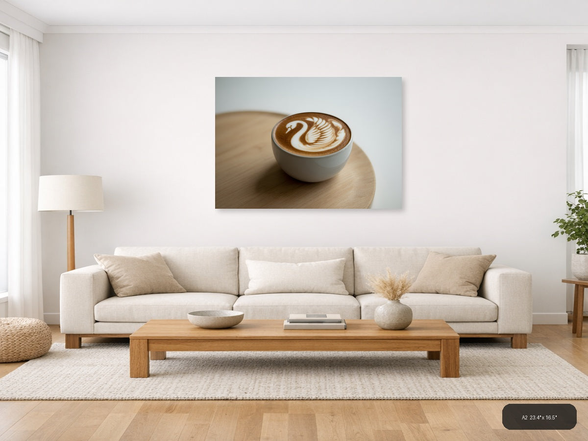 Minimalist Swan Latte Art Coffee Wall Art — A2 / Living Room