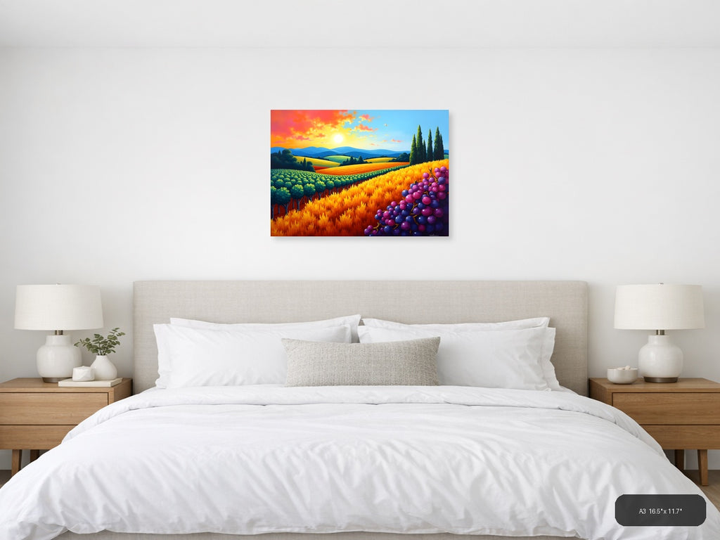 Tuscany Vineyard Sunset Abstract Landscape Wall Art — A3 / Bedroom